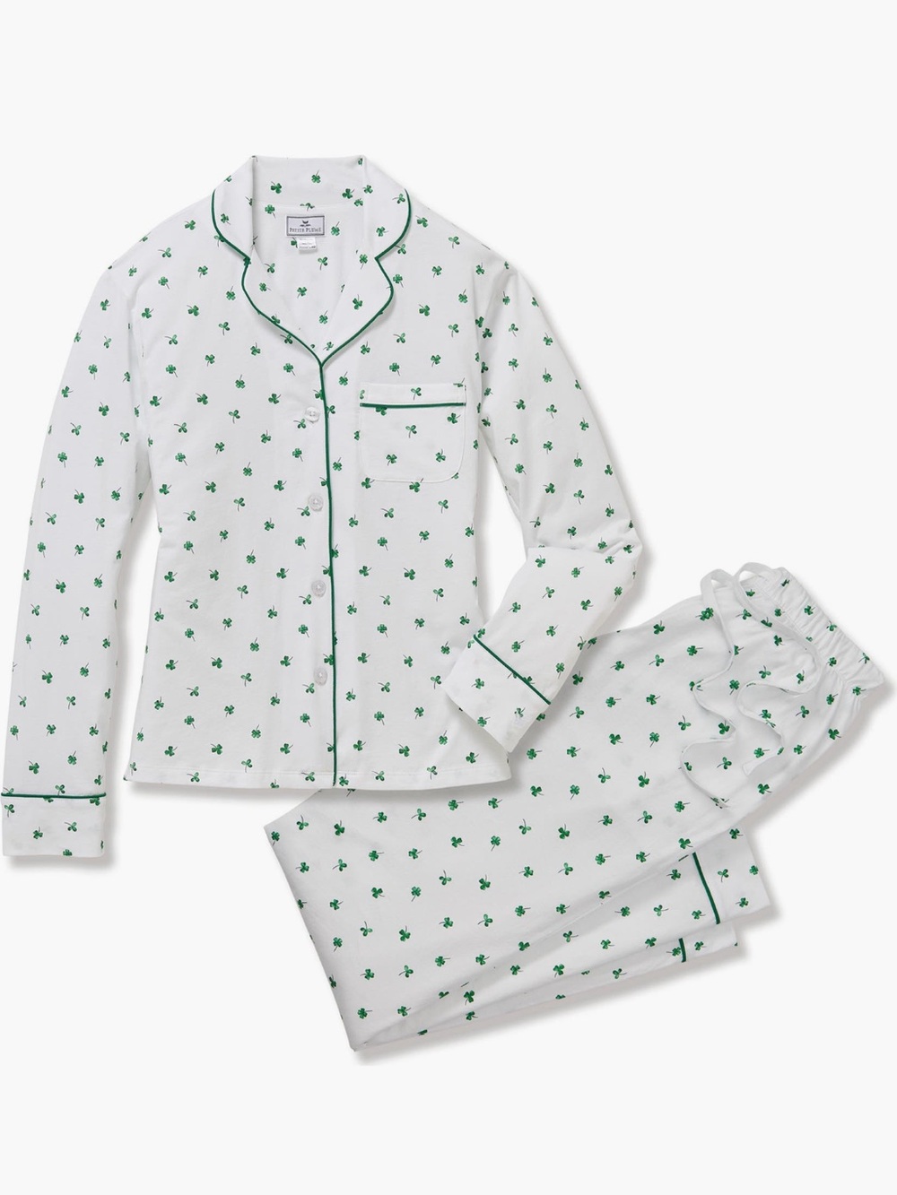 Women’s Petite Plume white & green shamrock pajama set in size XS.